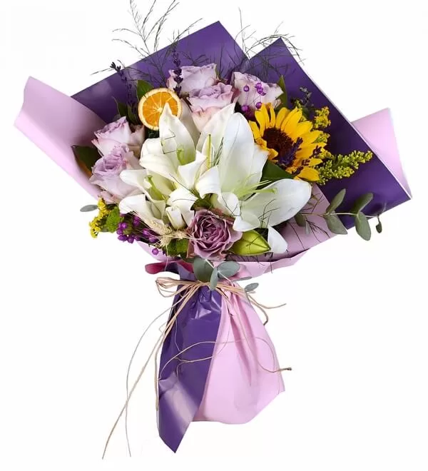 Buket Lilyum Lila Gül Ayçiçeği