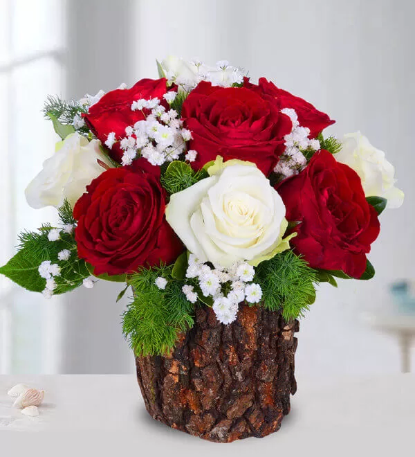 Doğal Kütükte Aşkın Simgesi Kırmızı Beyaz Gül Aranjmanı